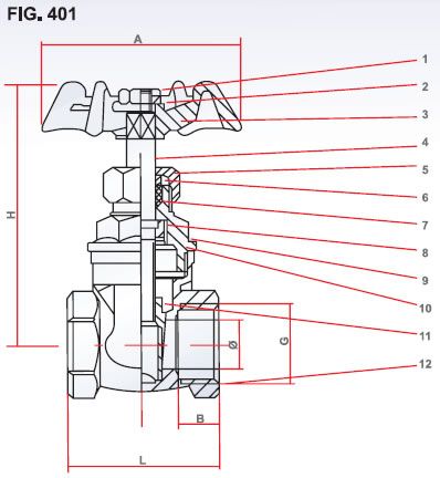 Brass Gate Valve diagram and part description